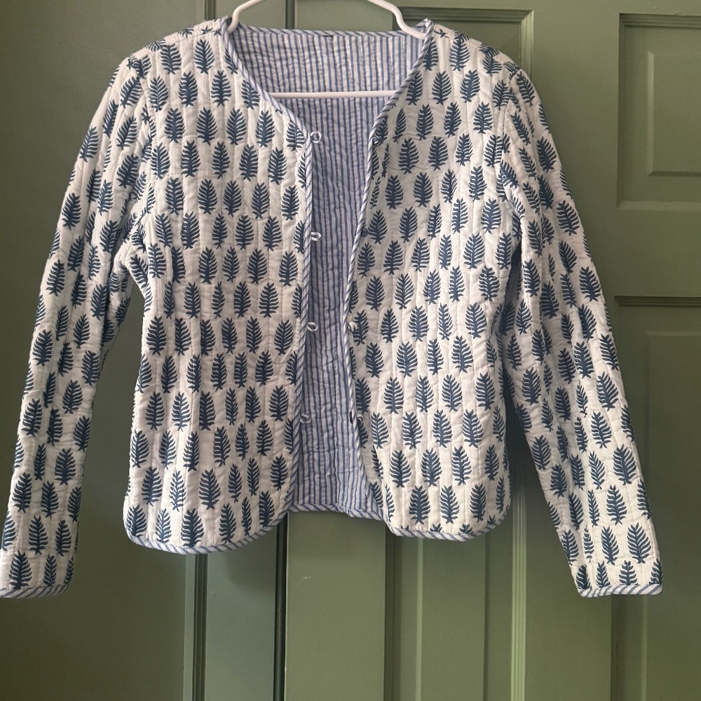 Block print quilted jacket reversible
